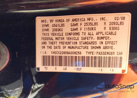 2008 Honda Accord 3.5 Ex-L from USA, damaged, VIN 1HGCS22808A008256